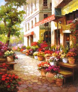 "Cafe and Blooms" Oil on Canvas
