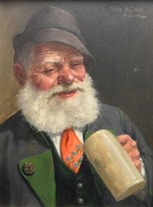 Fritz Muller - "Orange Tie and Stein" Oil on Masonite, 9" x 7"